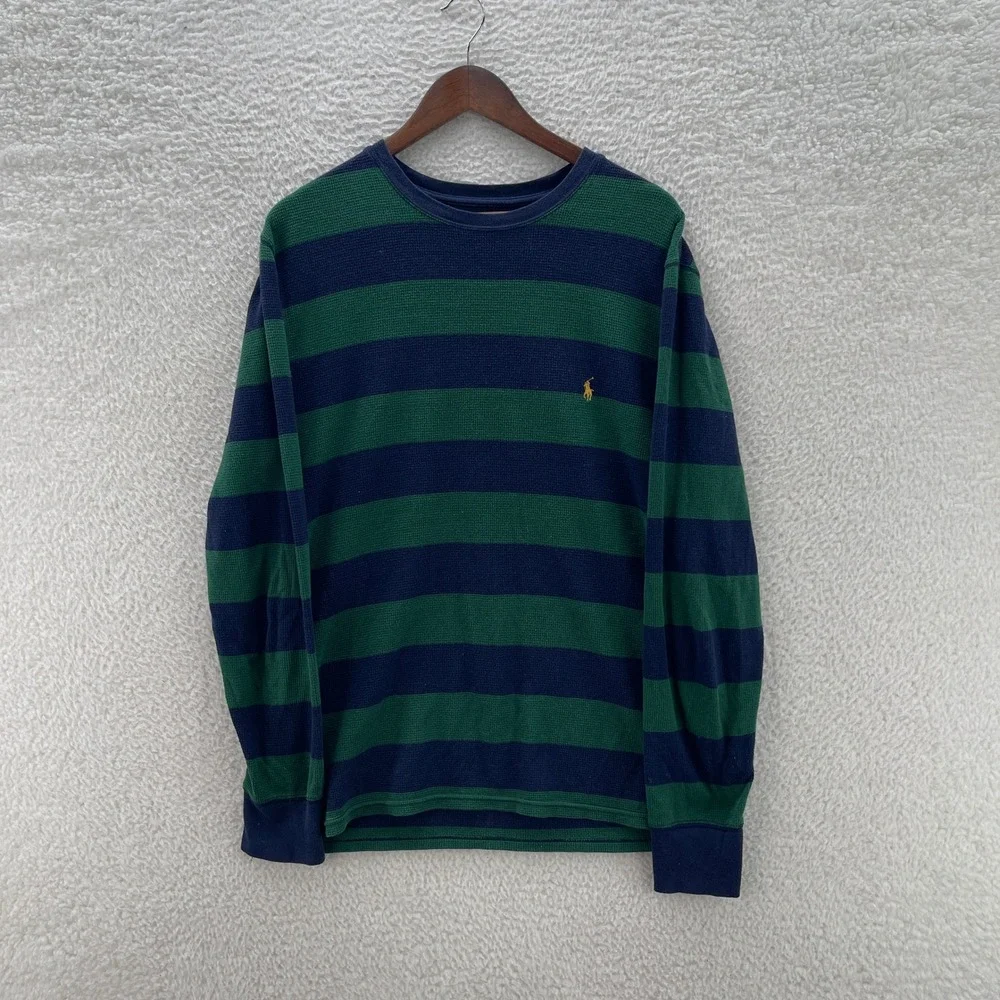 Polo Ralph Lauren Shirt Mens L Blue Green Thermal Waffle Knit Striped Outdoor